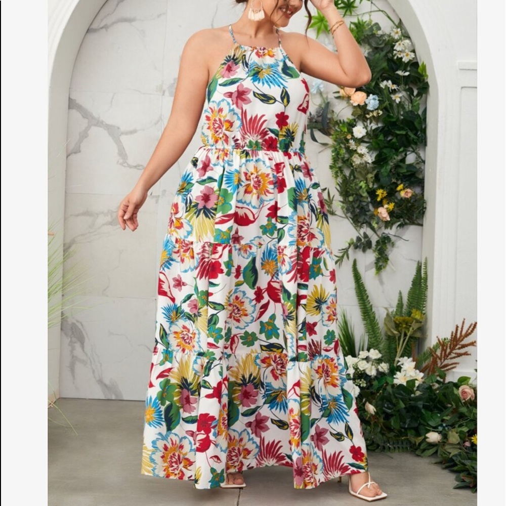 Plus Size White Floral Print Tie Back Dress New - Picture 4 of 7